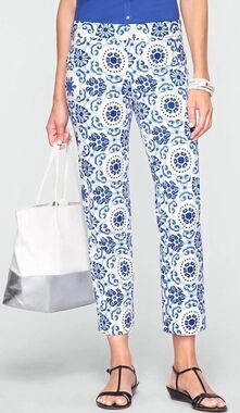 Talbots Heritage Ankle Pants Blue White Size 14 Side Zip Geometric Mediterranean